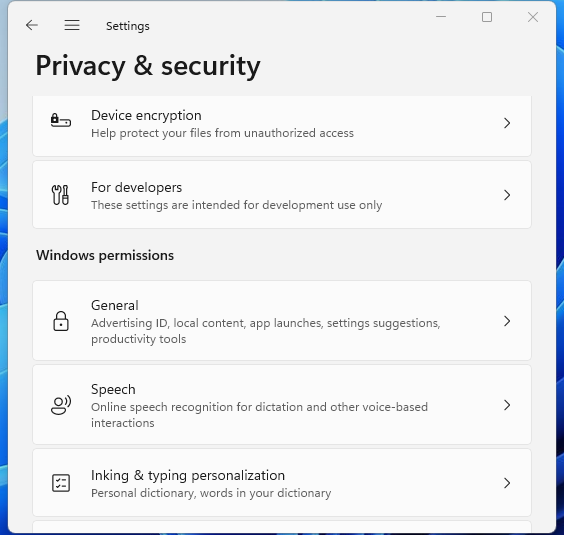 개인 정보 보호로 이동하여 일반을 클릭하십시오.