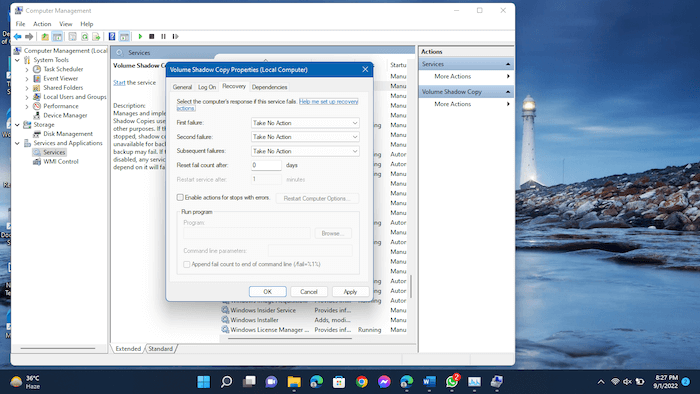 볼륨 섀도 복사본 서비스 다시 시작