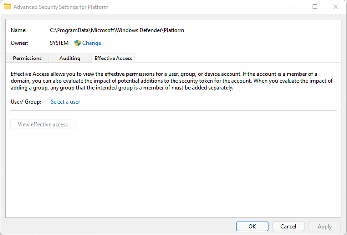 유효 액세스 탭으로 전환하고 사용자 선택