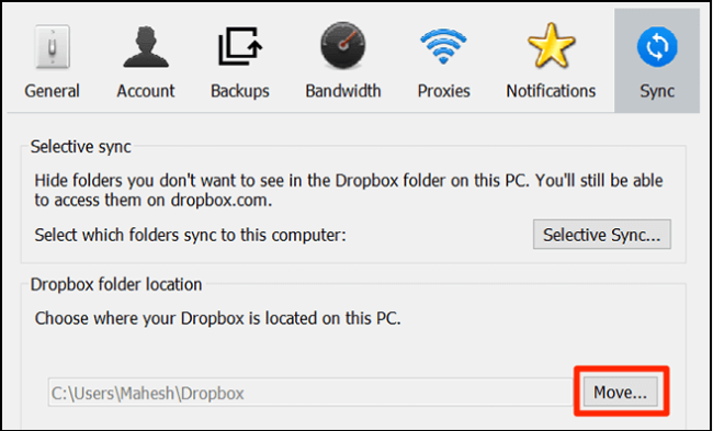 동기화를 클릭하고 이동을 선택하십시오.
