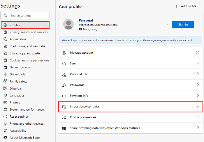 Internet Explorer 데이터를 가져오도록 설정