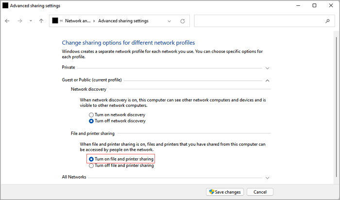 파일 및 프린터 공유 켜기