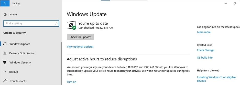 업데이트 확인을 선택하세요.