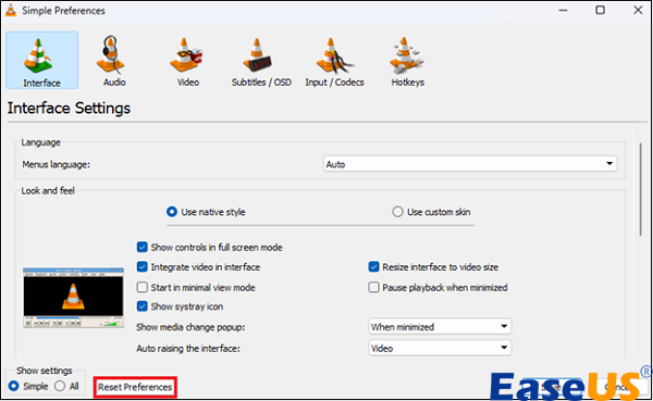 환경 설정 재설정을 선택하세요