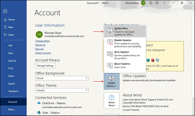 업데이트 옵션 선택