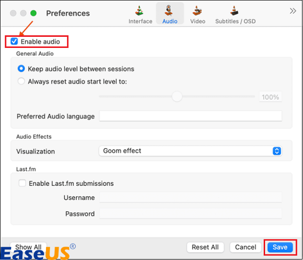 오디오 활성화에 체크하고 저장 버튼을 누르세요