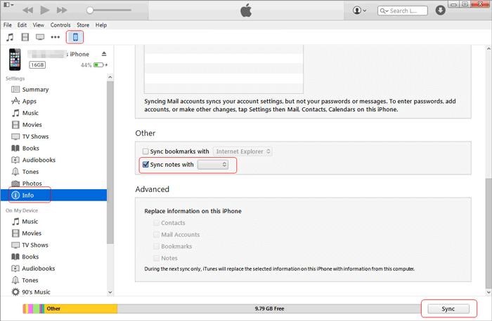 iTunes를 통해 컴퓨터로 메모 전송