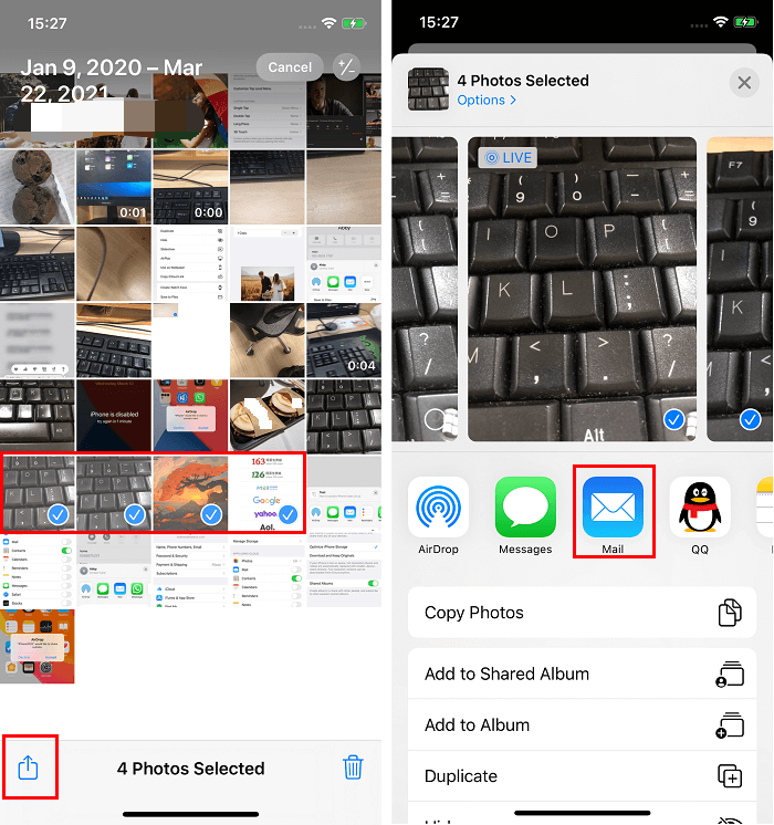 이메일을 통해 iPhone에서 PC로 사진 전송