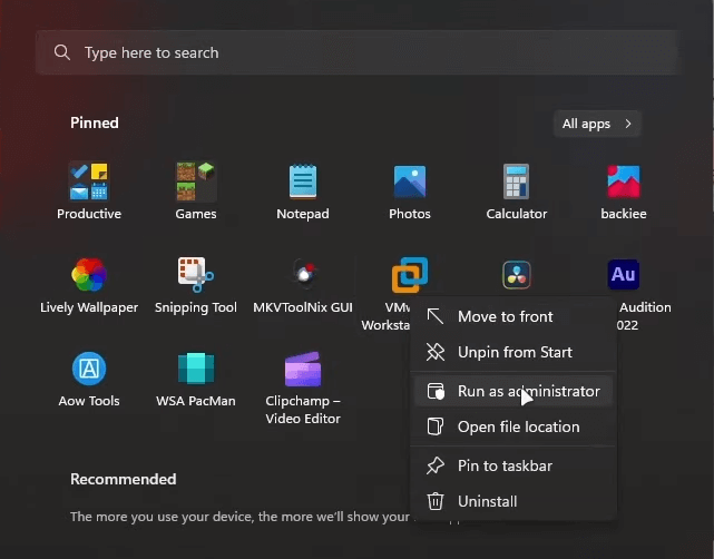가상 머신 실행
