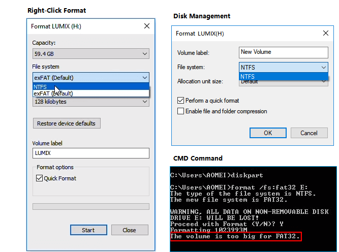 sd 카드를 fat32로 포맷 할 수 없습니다.