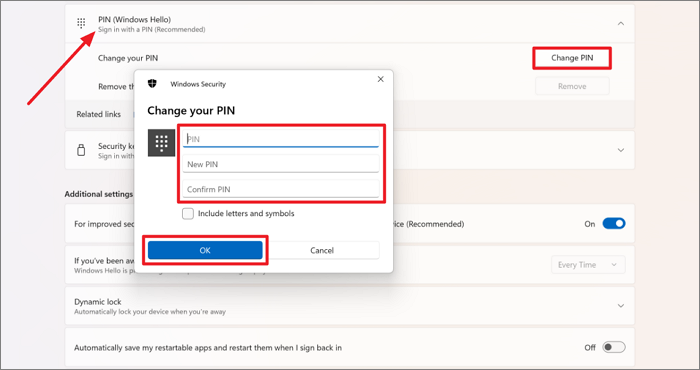설정에서 PIN 변경