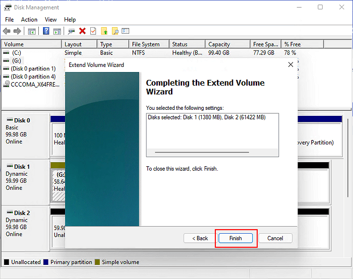 두 번째 드라이브에 할당되지 않은 공간이 있는 파티션 확장 완료
