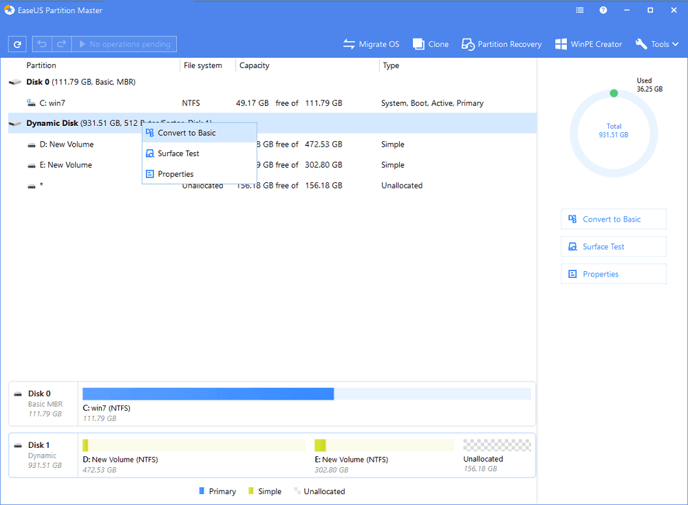 기본으로 변환 할 동적 디스크1
