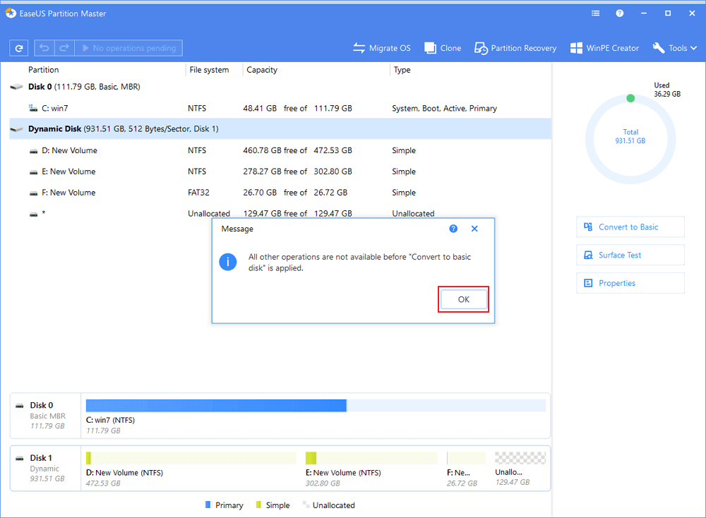 기본으로 변환 할 동적 디스크