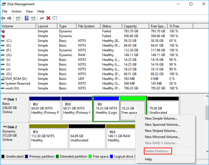 회색으로 표시된 볼륨 삭제