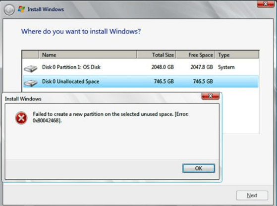 선택한 파티션에 새 파티션을 만들지 못했습니다.