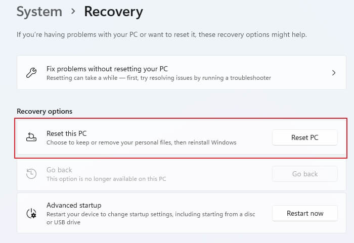 이 PC를 재설정하세요.