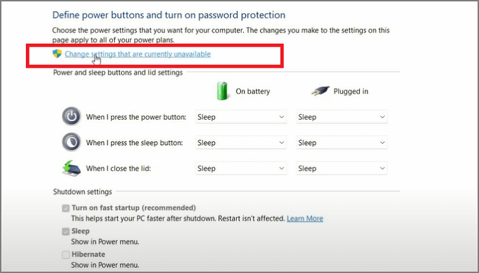 현재 사용할 수 없는 설정 변경