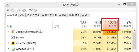 서비스 호스트 로컬 시스템 높은 디스크 사용량