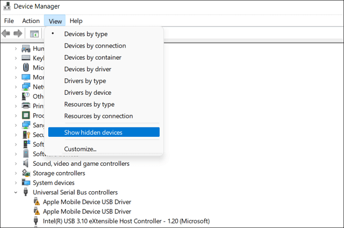 숨겨진 장치 표시