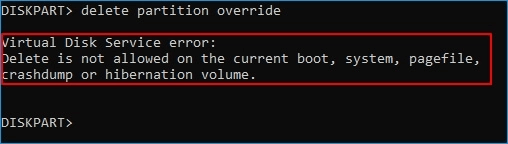 현재 부팅, 시스템, 페이지 파일, 크래시 덤프 또는 최대 절전 모드 볼륨에서는 삭제할 수 없습니다.