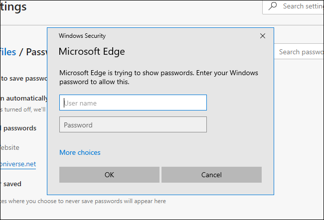 Edge 암호를 표시하려면 Windows 암호를 입력하십시오.