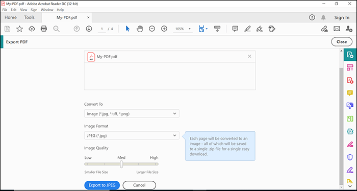 Adobe Reader를 사용하여 Windows 10에서 pdf를 jpg로 변환