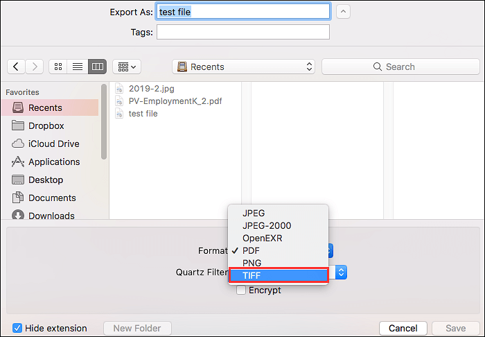 미리보기에서 Mac에서 pdf를 tiff로 변경