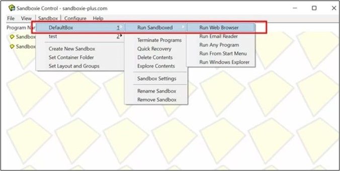 샌드박스 > 기본 상자 > 샌드박스 실행 > 웹 브라우저 실행