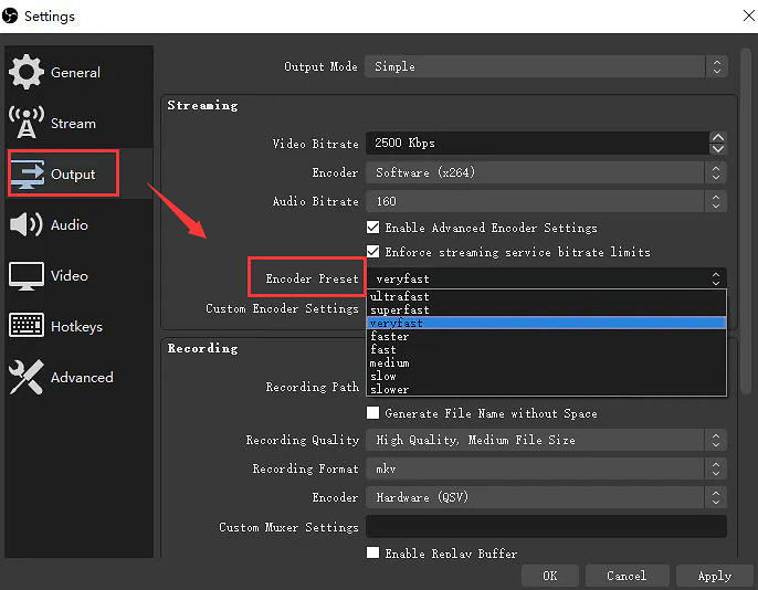 인코더 사전 설정 조정